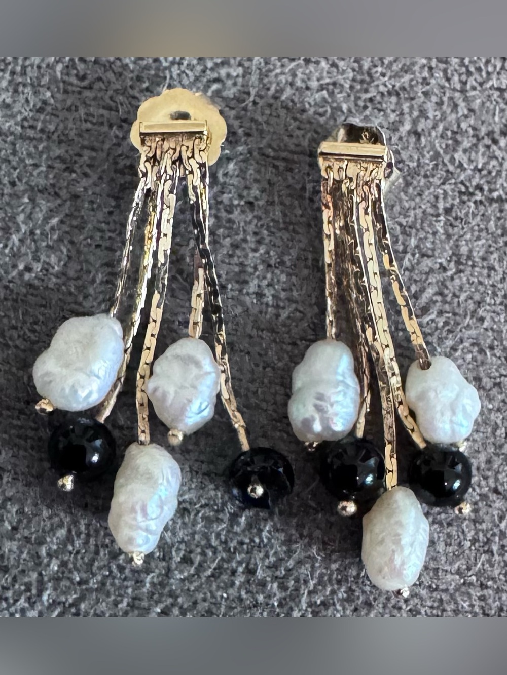 Gold (10K tested) Baroque Pearl & Black Onyx Bead Drop Earrings - 14K Backs